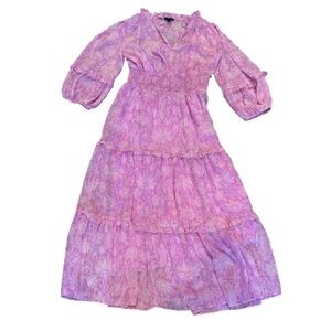 Ann Taylor Women's Pink Paisley Midi Dress Size S Long Sleeve V-Neck